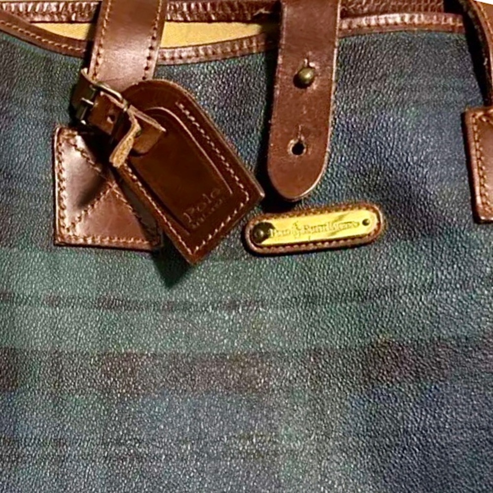RALPH LAUREN Navy Blue Hunter Green Black Watch Plaid Oversized Camp Tote Bag - Picture 3 of 16